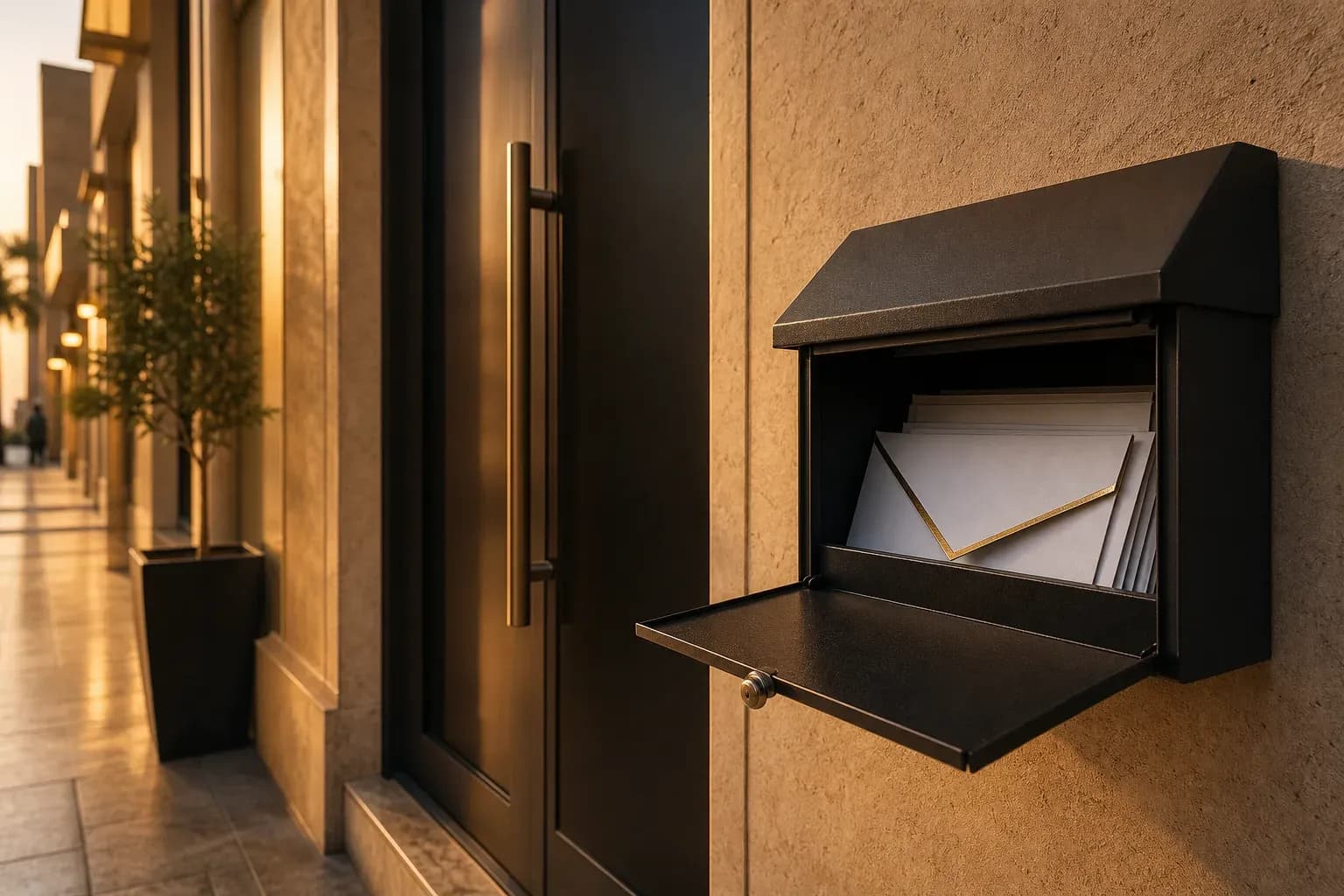 Business services storefront dropbox with black and gold details in Dubai, stack of blank forms in warm sunset light.
