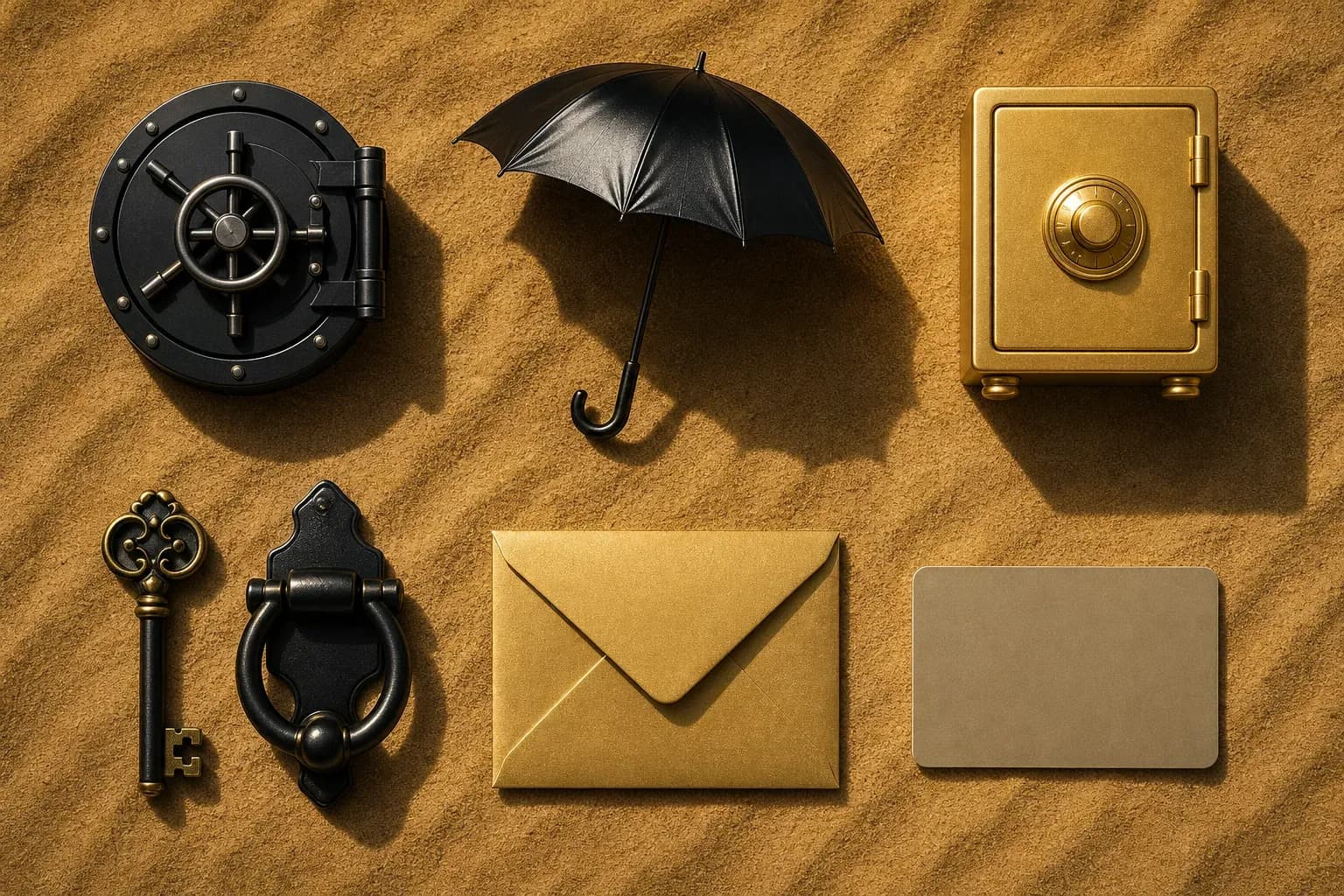 Flat lay of bank vault door, umbrella, safe, door knocker, gold envelope, and blank card on warm sand background