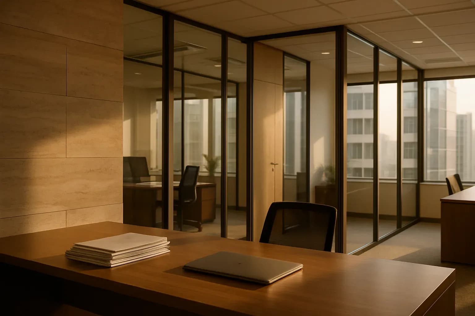 Photograph of a modern UAE office interior in warm natural light, glass partitions and stone accents, a tidy desk in the foreground with neatly stacked document
