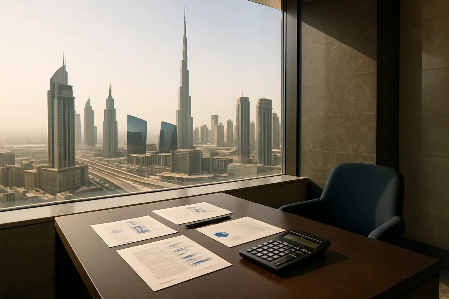 Photograph of a tidy, modern UAE office interior