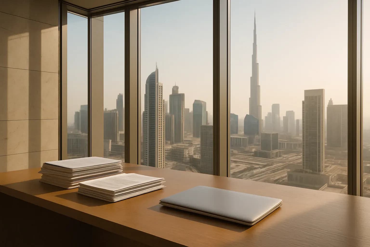A professional UAE office interior showing a sunlit desk with neatly stacked documents and a closed laptop, overlooking a Dubai cityscape through tall glass win
