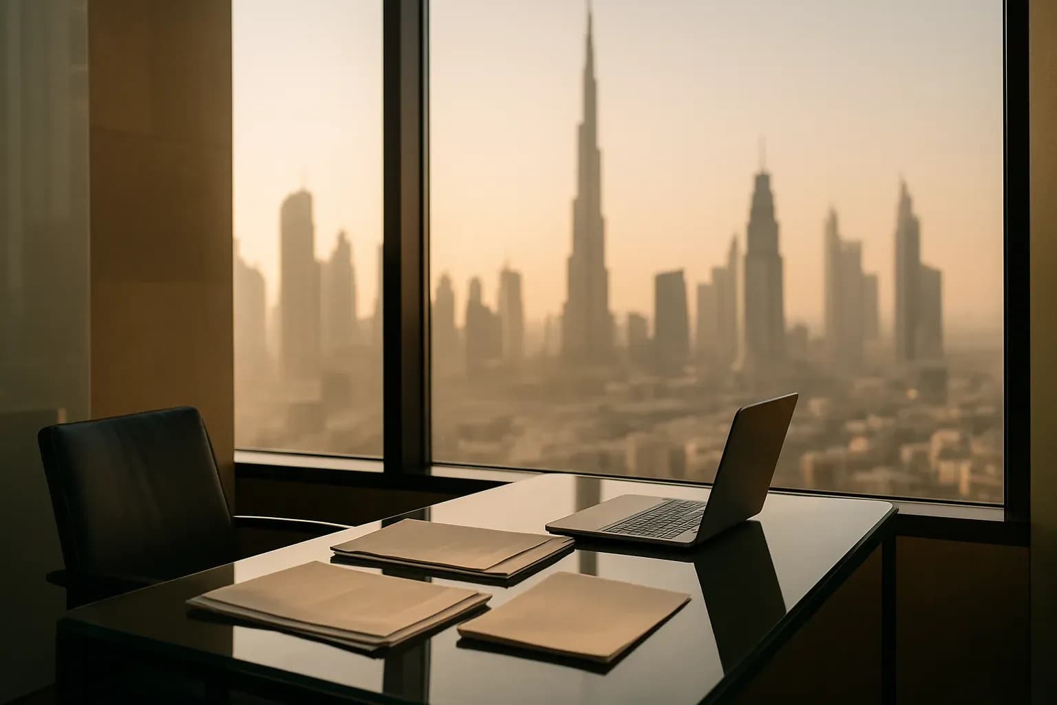 Photograph of a sleek, sunlit Dubai office interior