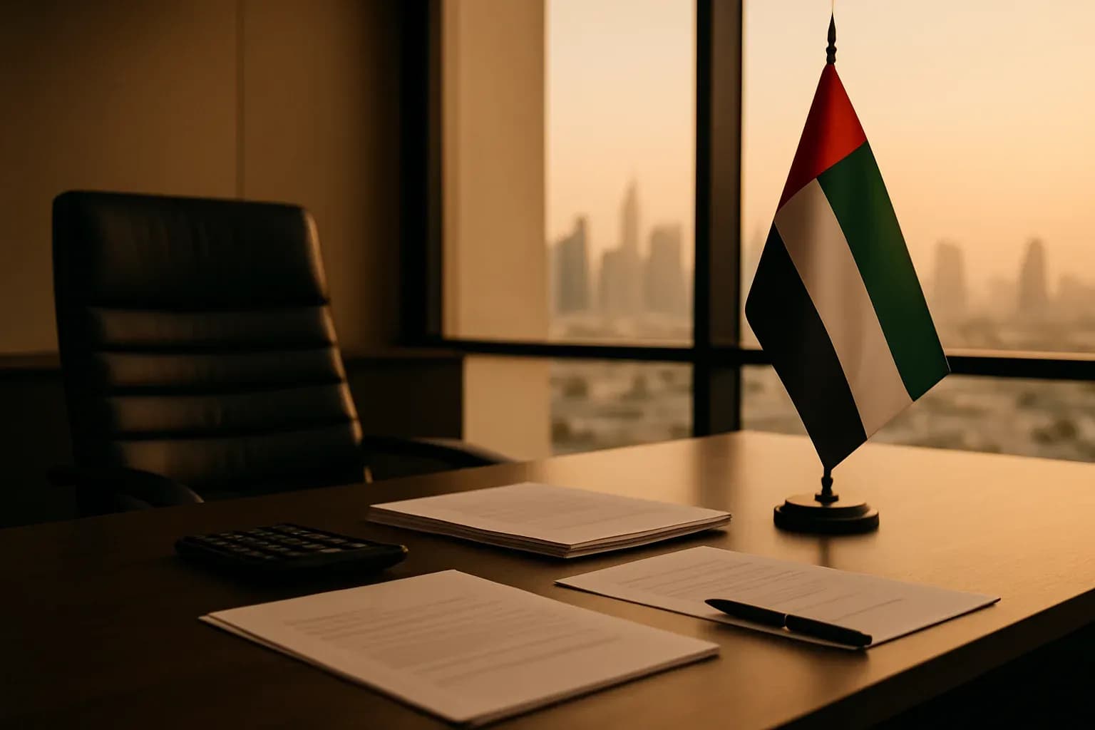 Photograph of a professional UAE office interior with warm amber light