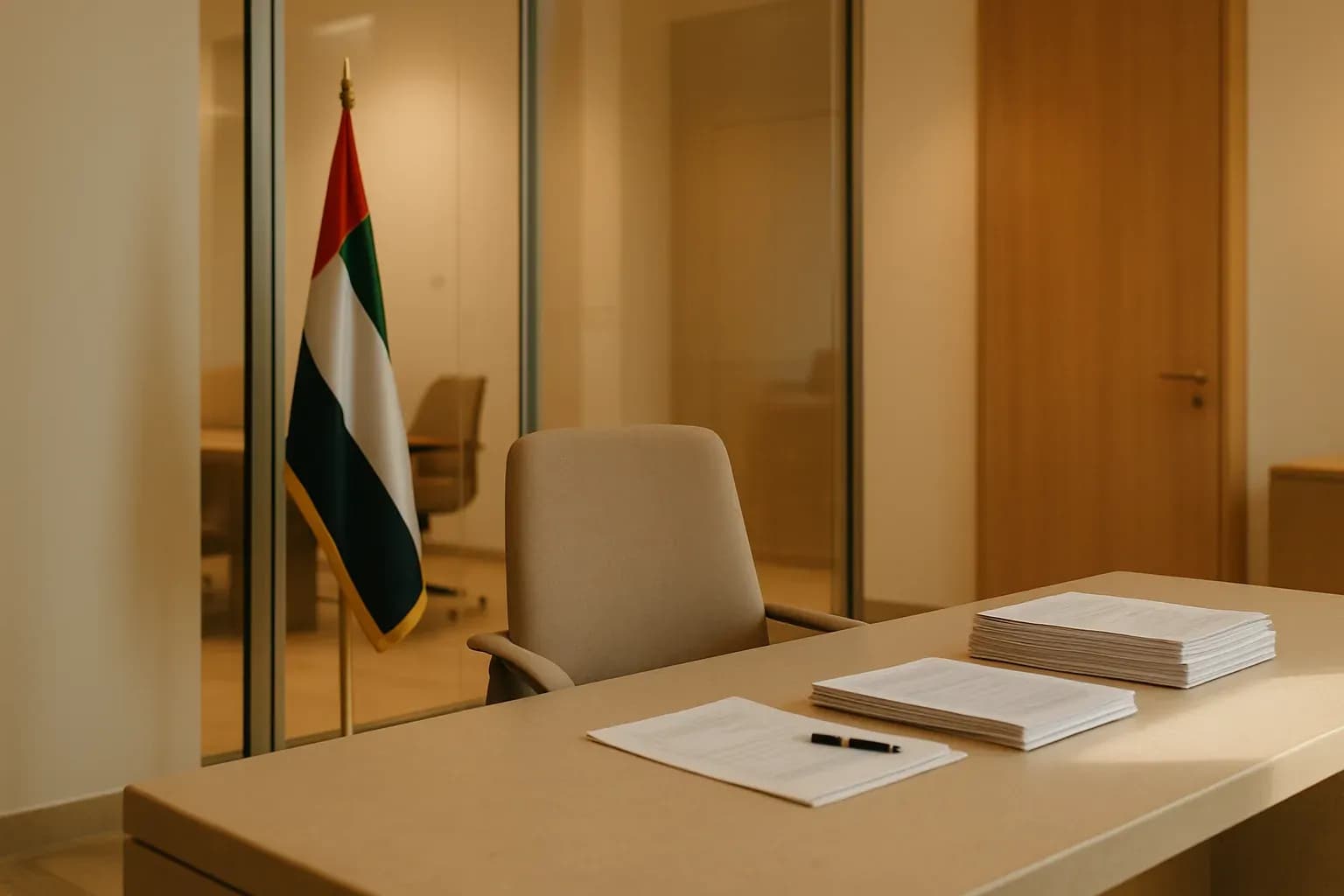 A warm, modern UAE office interior in soft natural daylight, with a glass partition, a stone desk surface, and neatly stacked financial documents