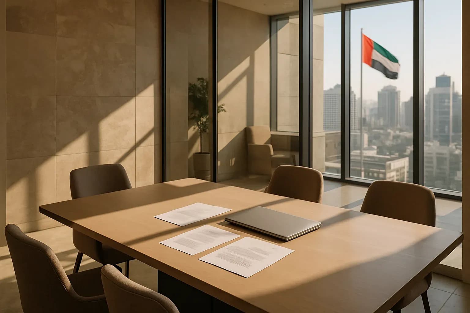 Photograph of a modern UAE office interior with glass walls and natural daylight streaming onto a tidy meeting table