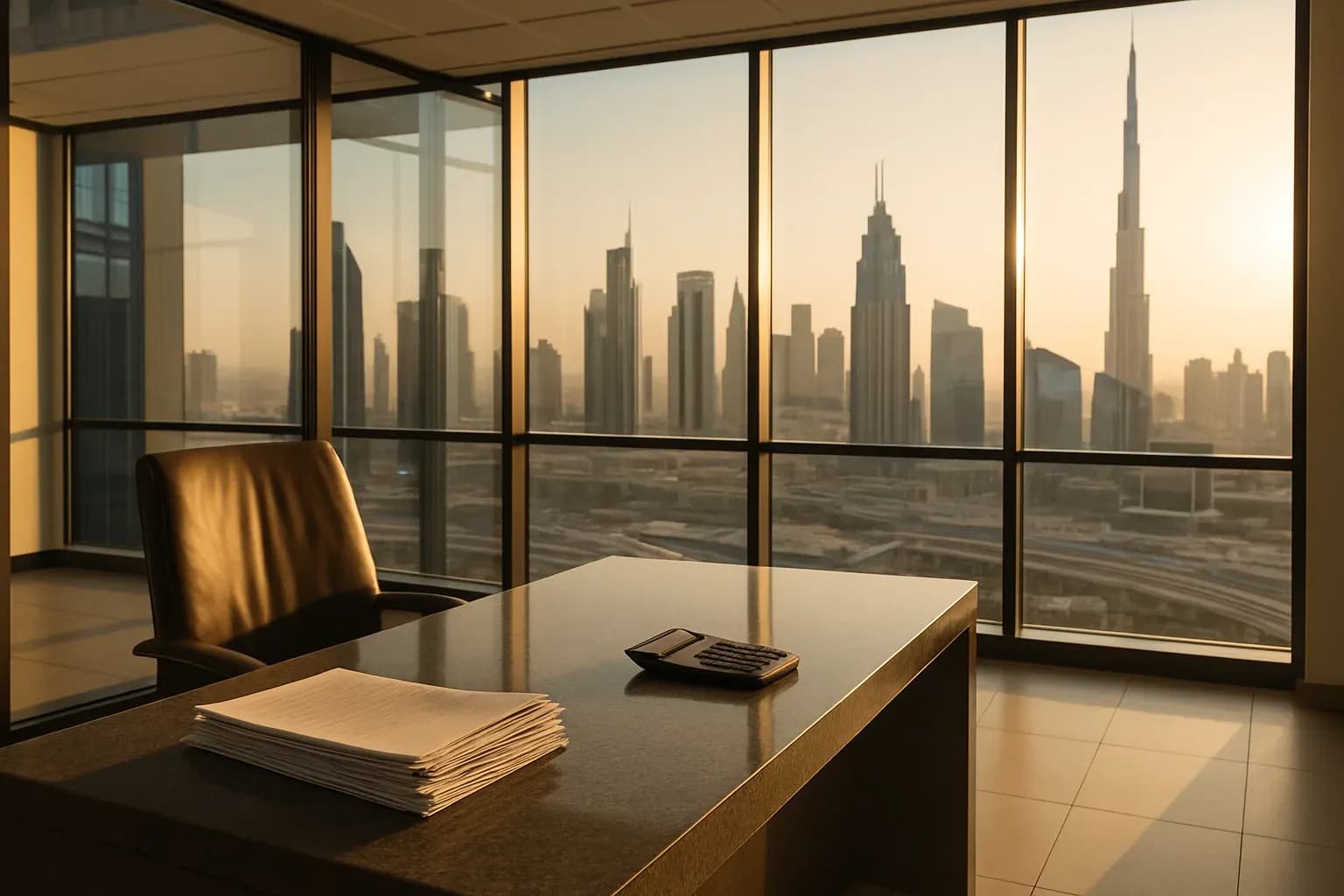 A wide-angle photograph of a modern Dubai office interior at ground level