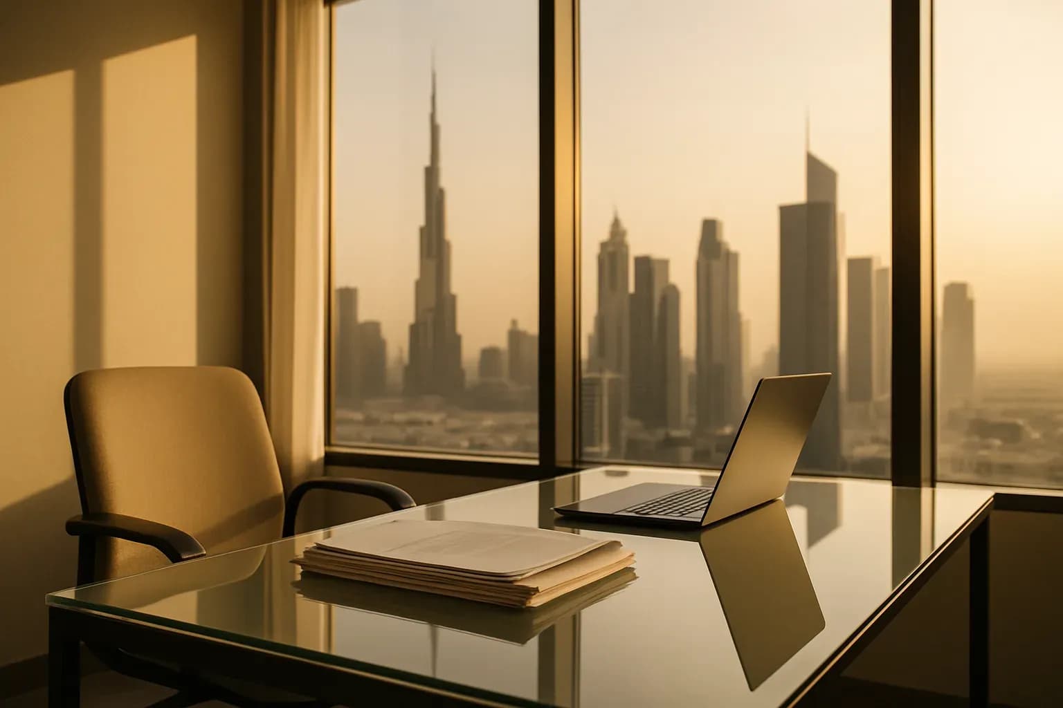 A warm, sunlit modern office in Dubai featuring a clean glass desk with neatly stacked documents and a laptop, overlooking a partial city skyline through large 