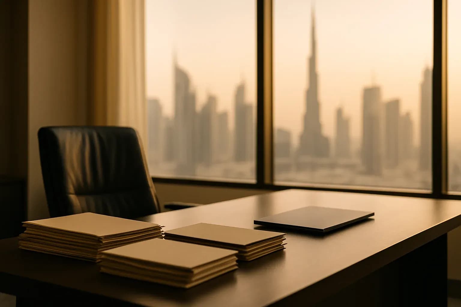 Photograph of a modern Dubai office interior with a large desk