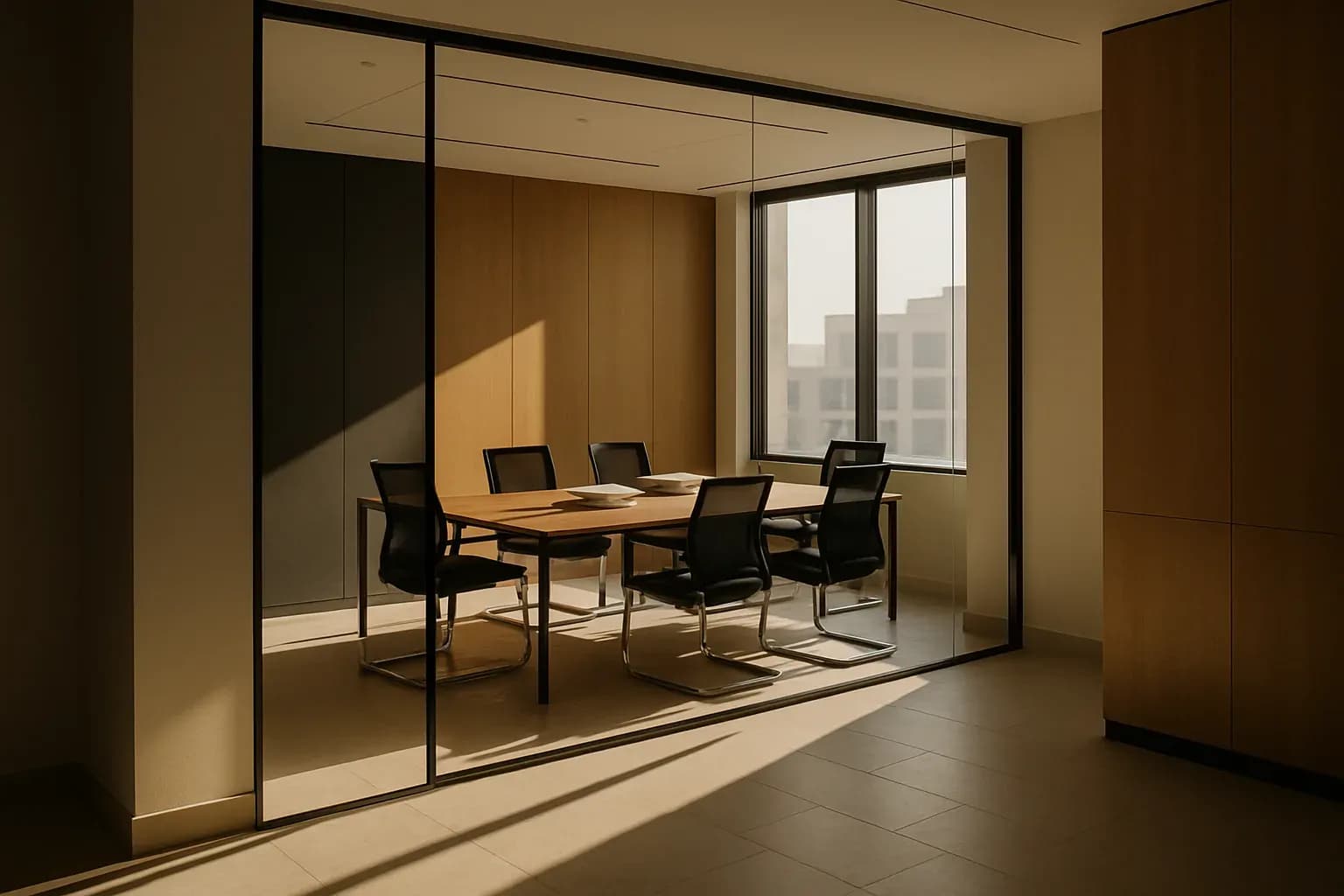 Photograph of an understated UAE office interior at midday