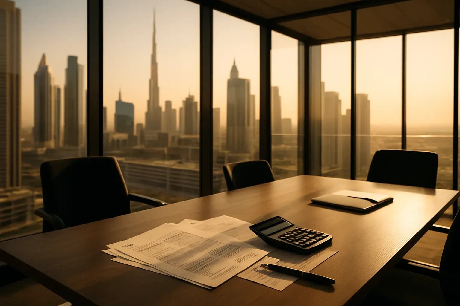 Photograph of a sunlit, modern Dubai office interior focused on a meeting table with tax documents and a calculator, glass walls revealing skyline, in warm natu