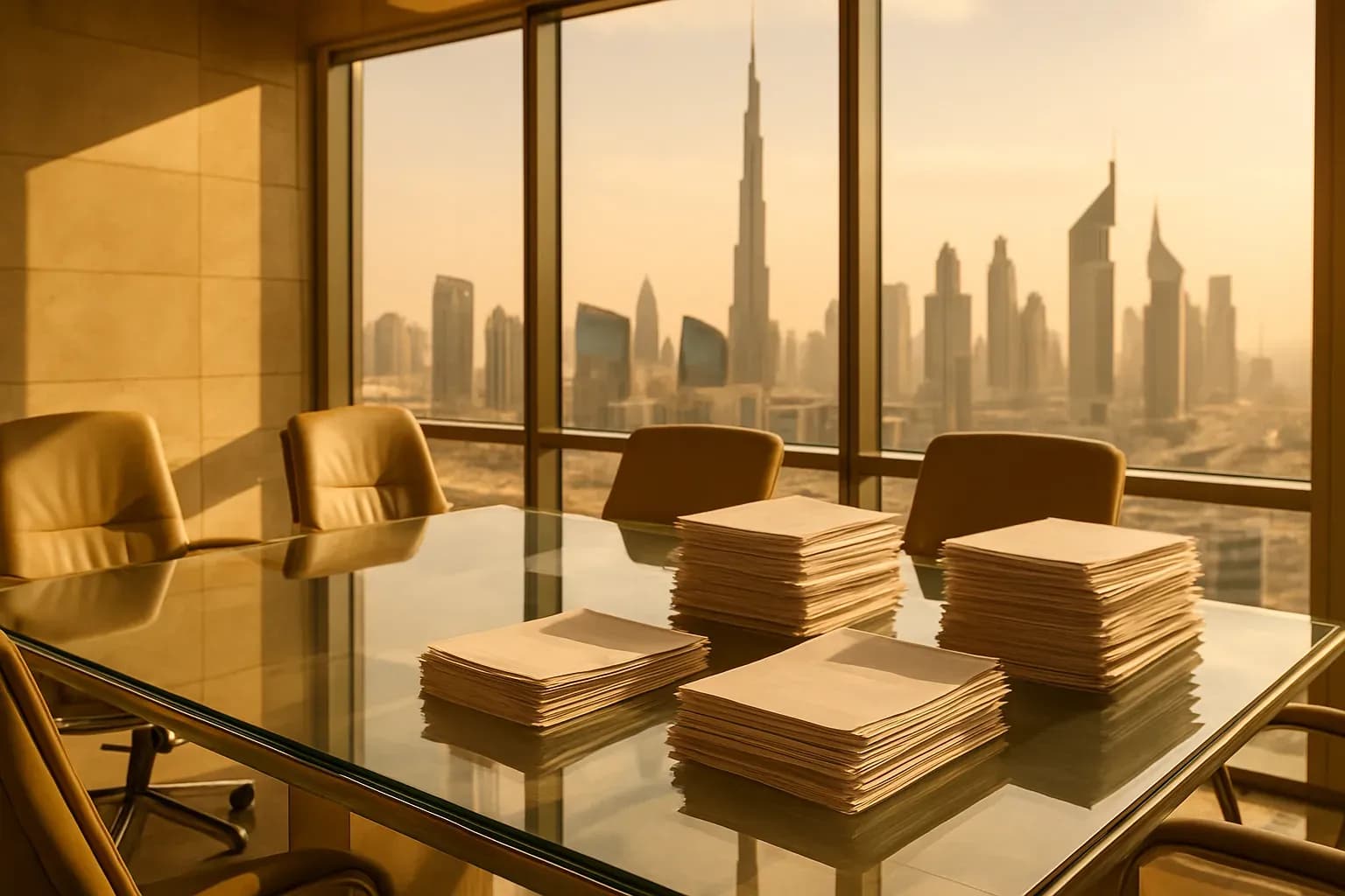 A bright, sunlit UAE office with a modern glass meeting table and stacked documents, arranged in an organised manner, set against a view of Dubai's skyline thro