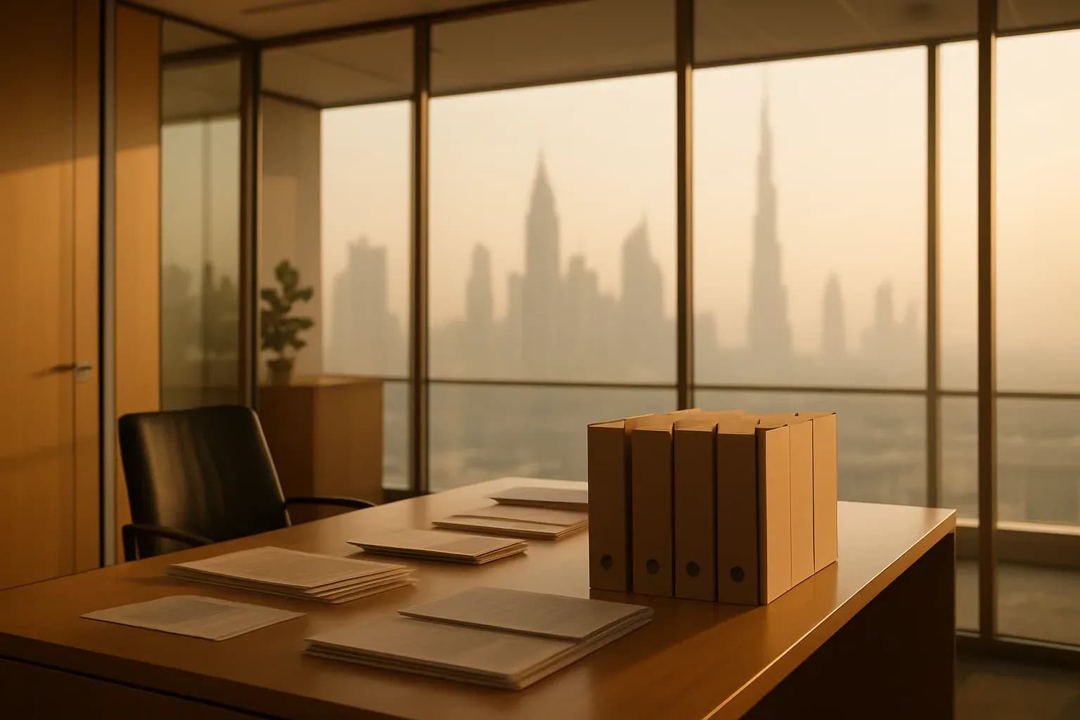 Photograph of a modern Dubai office interior in warm natural light: a large desk with documents visibly sorted into labelled folders, glass walls revealing fain