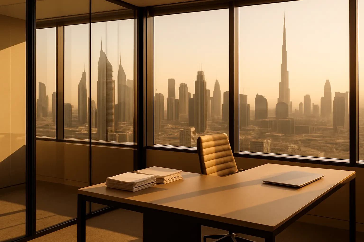 A modern Dubai free zone office: glass walls, a view over Dubai's skyline
