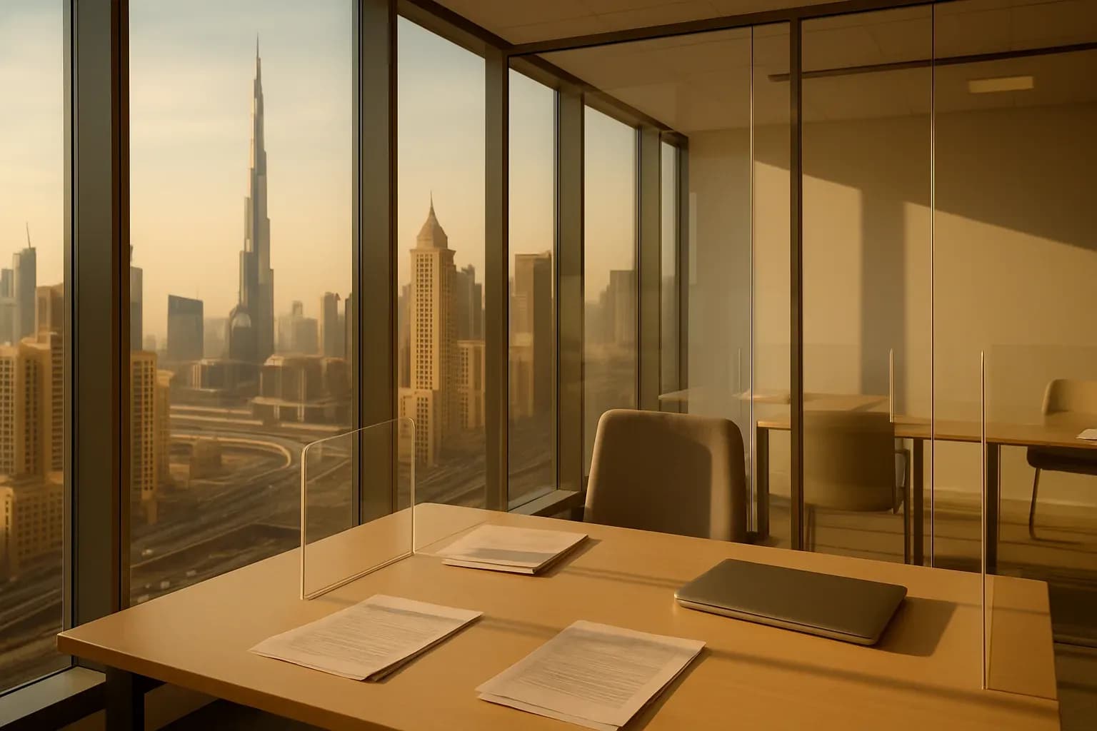 A sunlit Dubai office interior showing a modern work table with neutral-toned documents, a closed laptop, and transparent partitions, overlooking a cityscape wi