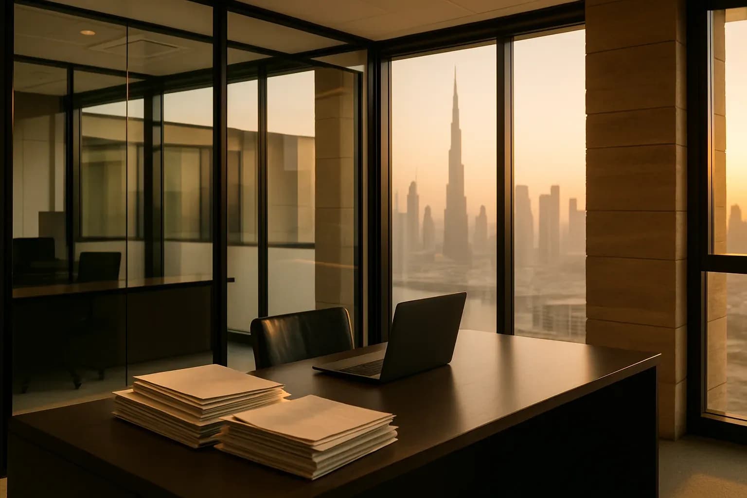 A warm, natural light photograph inside a modern Dubai office