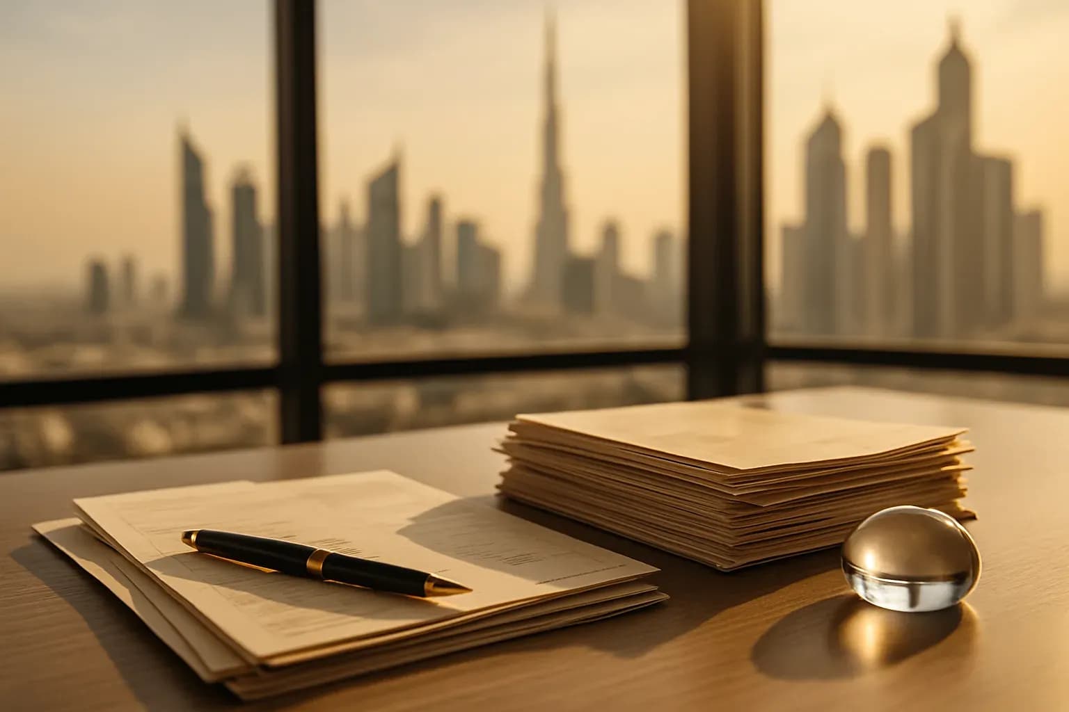 Photograph of a modern Dubai office desk in warm natural light, with neatly stacked invoices and documents, a black and gold pen, and a glass paperweight