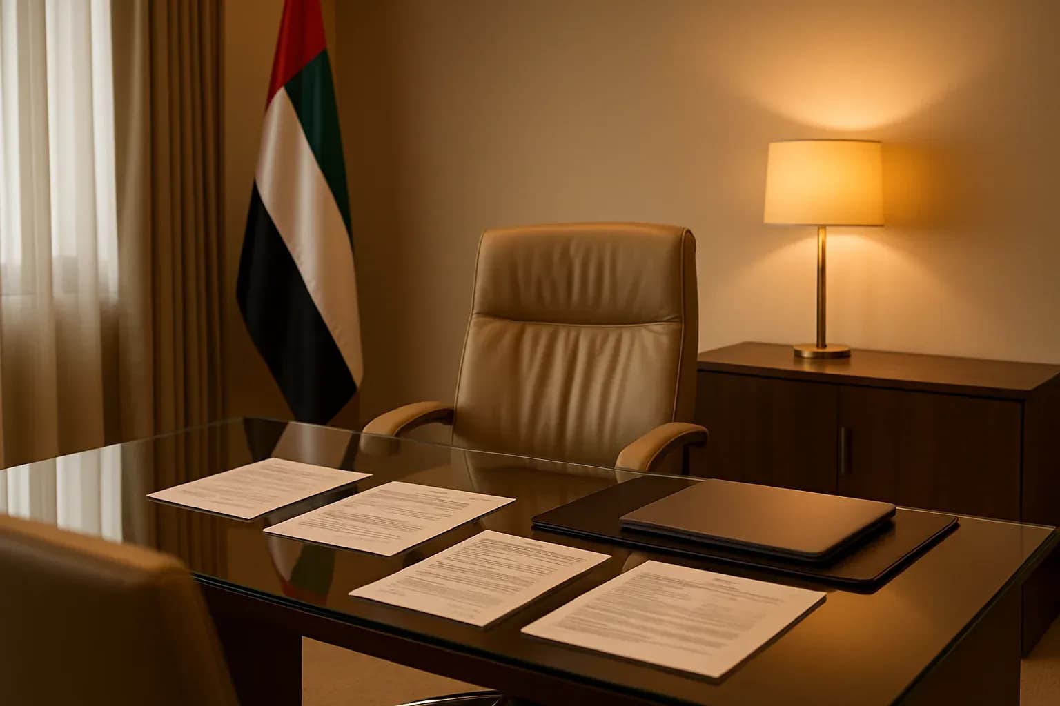 A warm-lit UAE office interior with a glass desk, neutral walls and subtle amber lighting