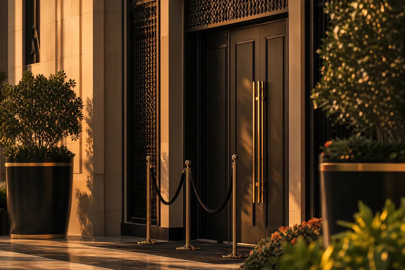 Black double doors with gold handles behind a rope barrier, in golden-hour light