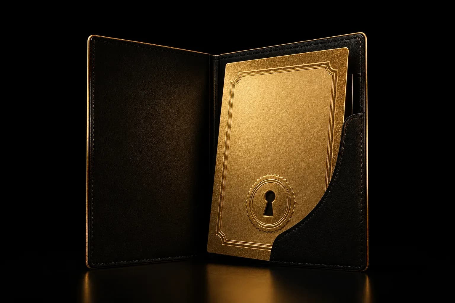 Black passport cover opened to reveal a gold-edged certificate with embossed seal under dramatic gold lighting.
