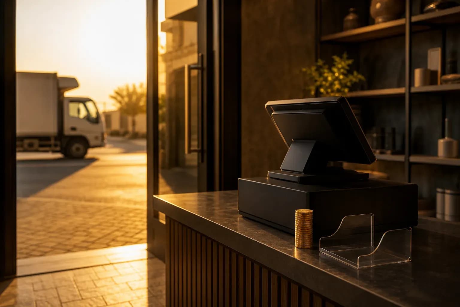 Dubai shop entrance at golden hour, matte black cash register and gold coins on counter, sunlight on quiet street outside.