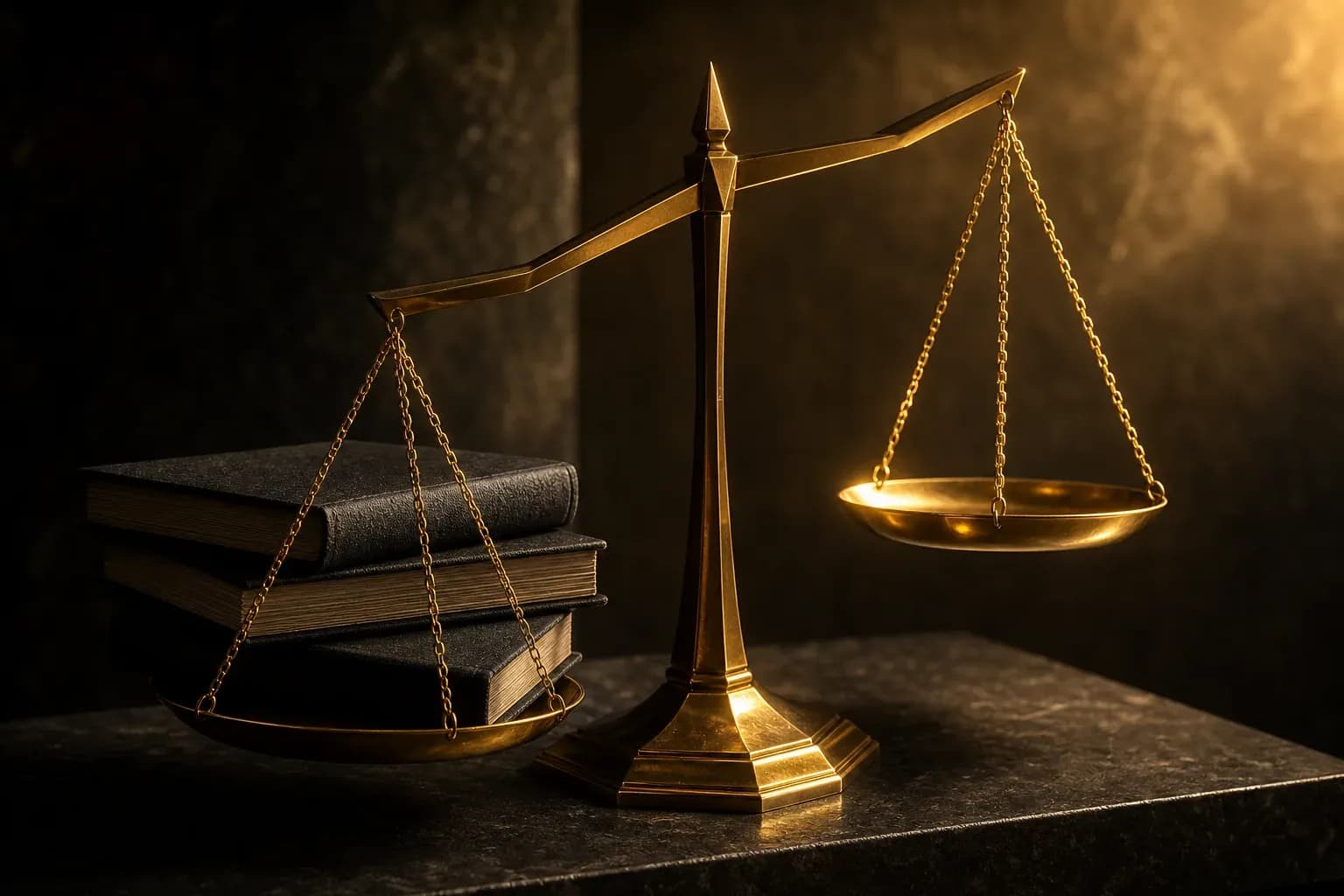 Gold balance scale tipped by black ledgers on dark stone, warm gold light accentuates scale and shadows.