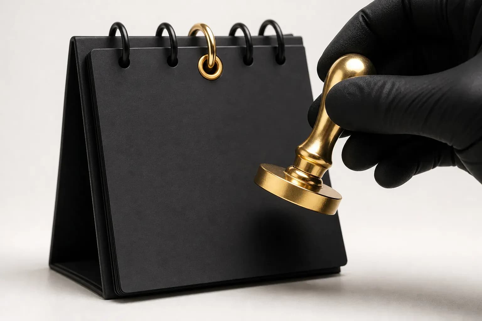 Matte black calendar with gold date ring and a poised gold penalty stamp on white background