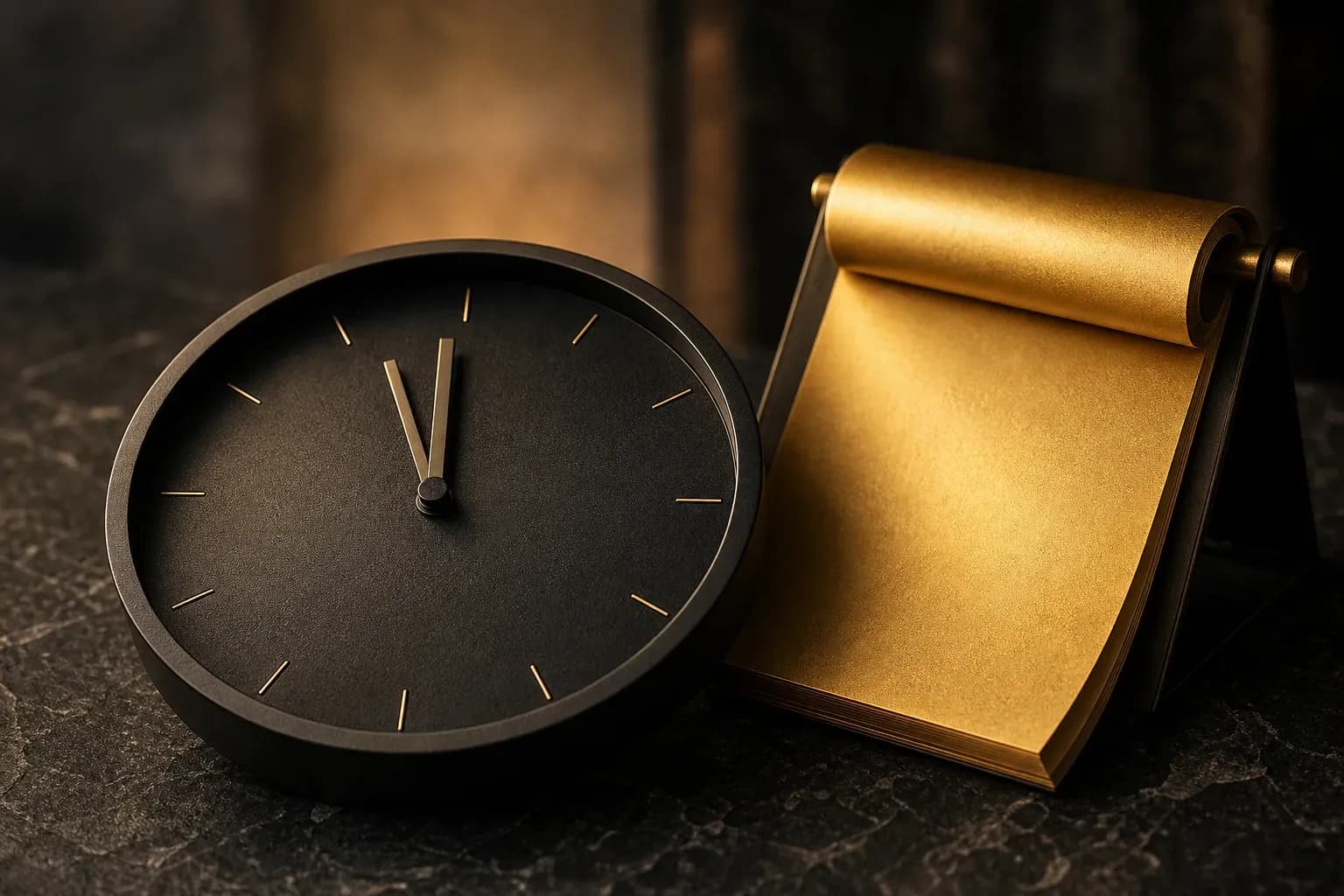 Close-up of black clock at midnight and blank gold calendar page on dark stone, warm side-lit.