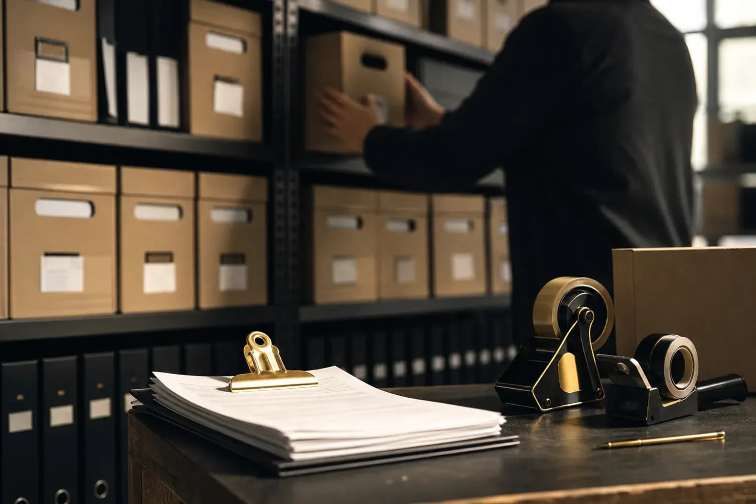 Business stockroom shelves of archive boxes and binders, anonymous hands retrieve documents under dramatic light.