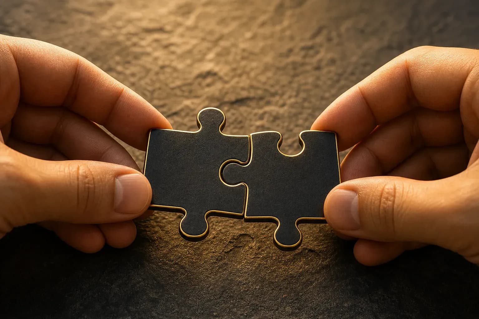 Hands joining two matte black puzzle pieces with gold edges on a textured stone background.