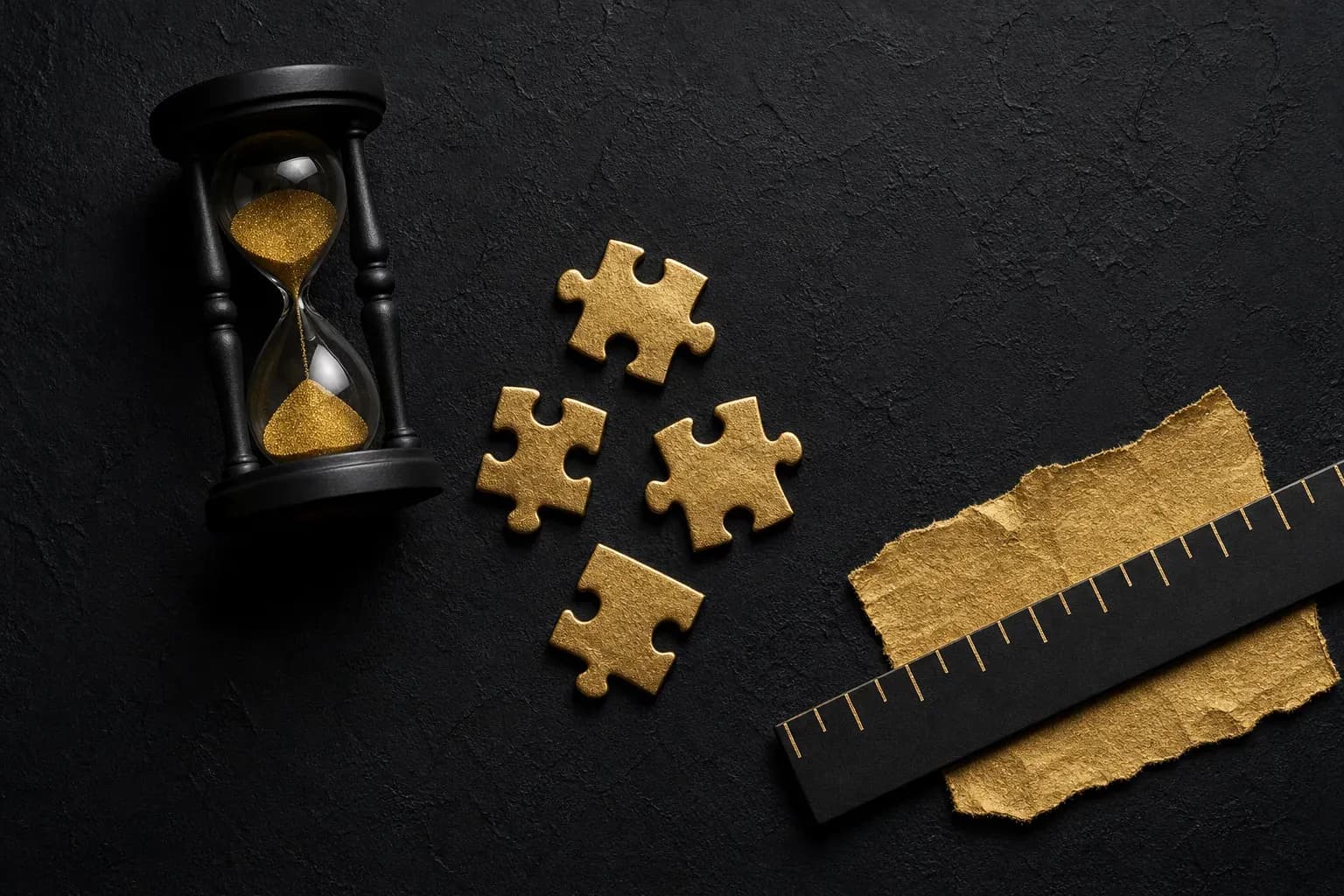 Black hourglass with golden sand, gold-trimmed puzzle pieces and ruler on black textured surface.