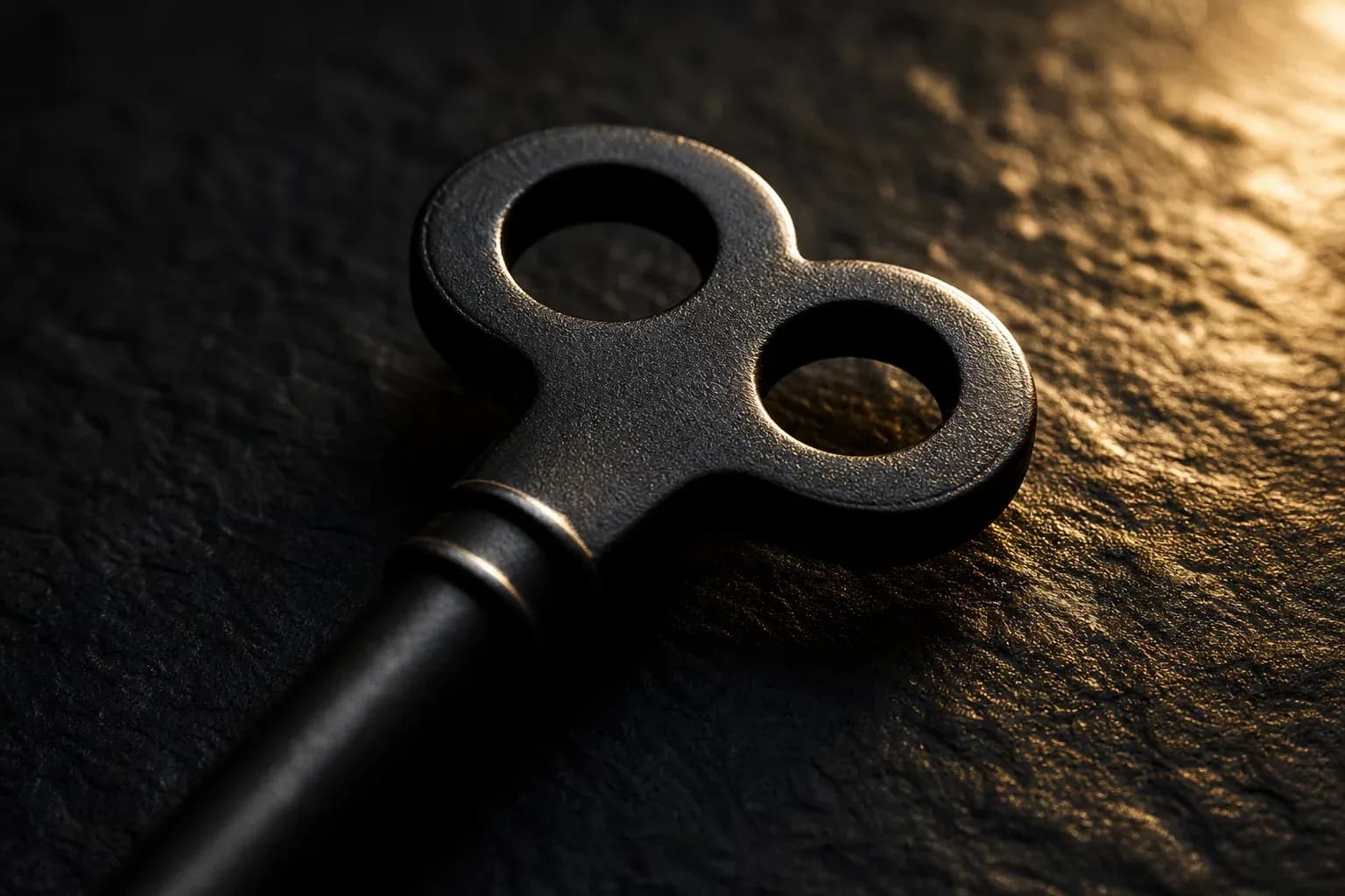 Macro close-up of a black key with gold highlights on dark stone, symbolising a UAE branch office