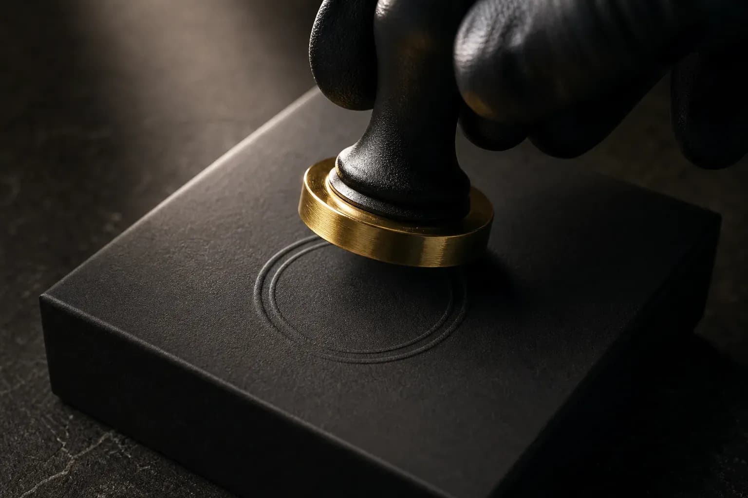 Gold-edged black inspection stamp touching a matte black box on dark stone, highlighted by warm side light.