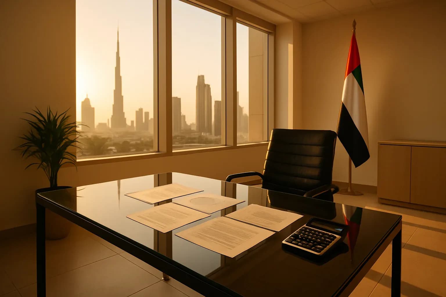 Photograph of a clean, modern UAE office interior in warm afternoon light
