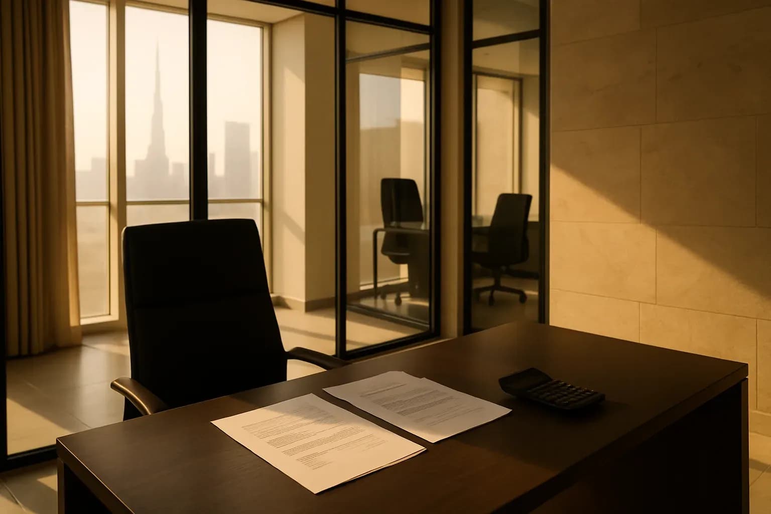 Photograph of a sunlit modern UAE office interior with a tidy desk, glass partition, and a neutral palette of black, white, and warm stone