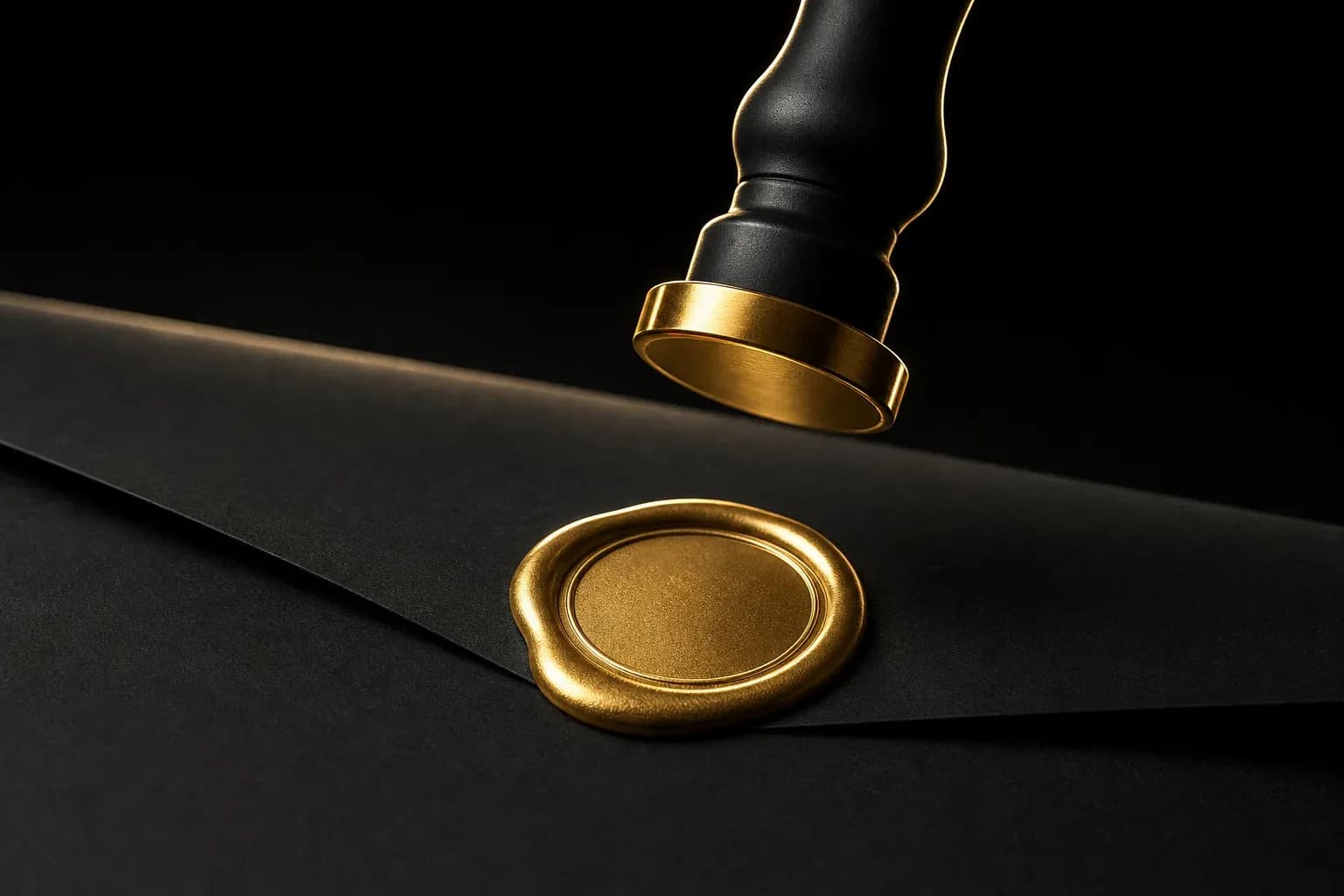 Black stamp tool and gold wax seal on folded black document under dramatic rim lighting.