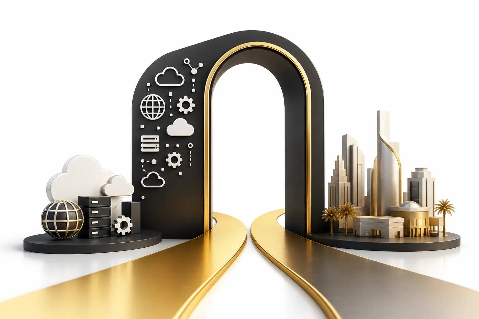 Matte black and gold gateway arch with digital service icons and golden path symbolizing reverse charge VAT.