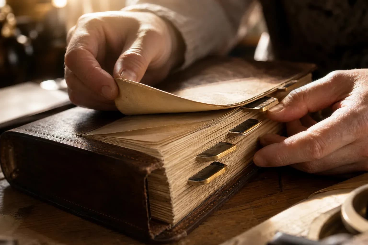 Hands flipping through a leather-bound ledger with gold divider tabs in warm sunlight