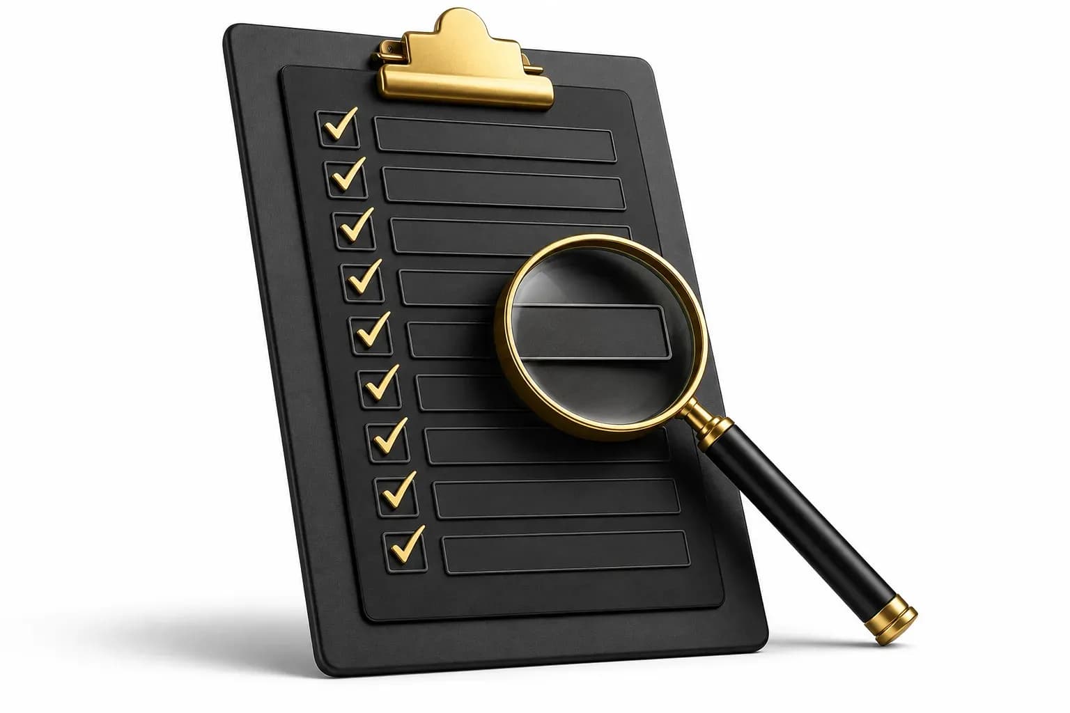 Matte black clipboard with gold checkmarks and magnifying glass inspecting checklist on white background.