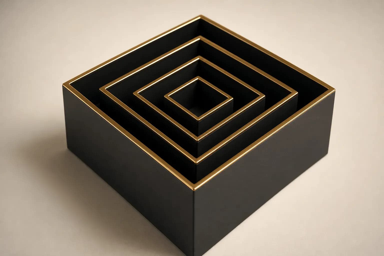 Matte black nested boxes with gold rims representing VAT return components on warm white background.