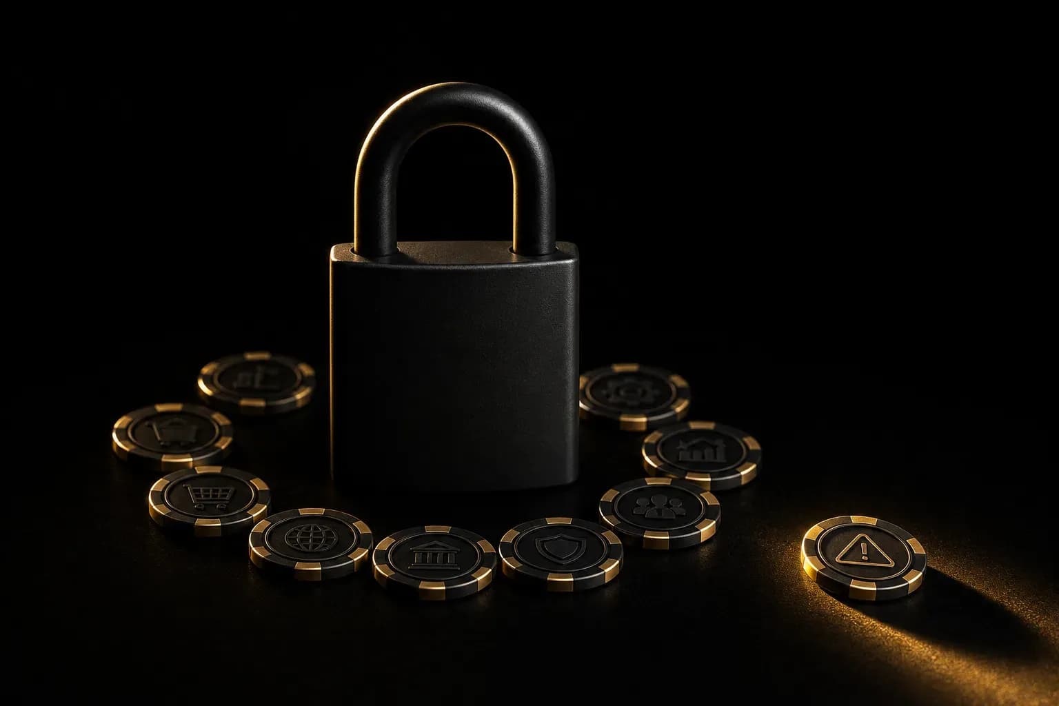 Closed matte black padlock encircled by gold-edged tokens, one token outside the ring on black background.