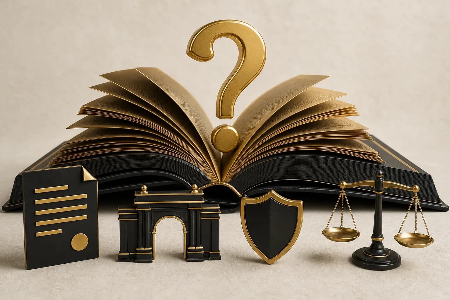 3D matte black and gold open dictionary with upright golden question mark, tax symbols on white background.