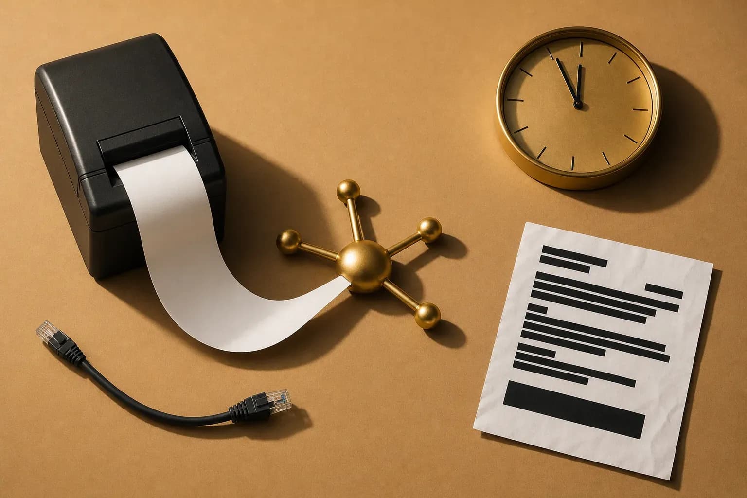 Flat-lay showing matte black e-receipt printer, gold Peppol node, unplugged Ethernet cable, gold wall clock, and redacted notice on warm sand.