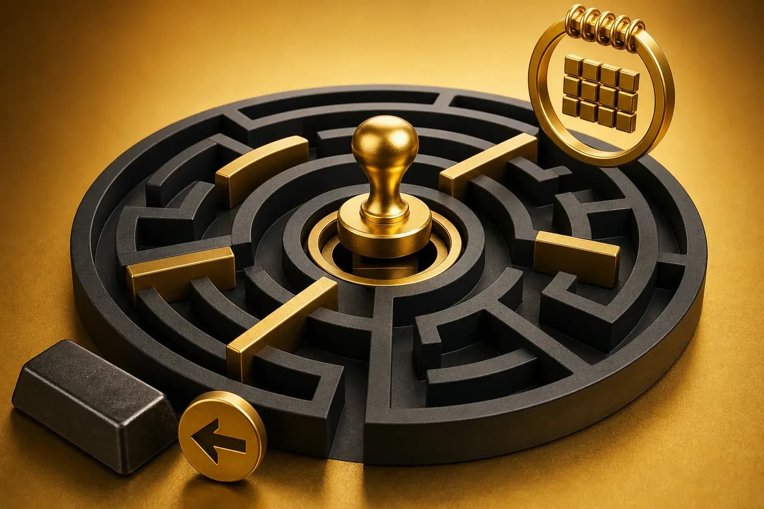 3D-rendered matte black maze with gold barriers, VAT stamp, gold calendar ring, and metal ingot on gold background.