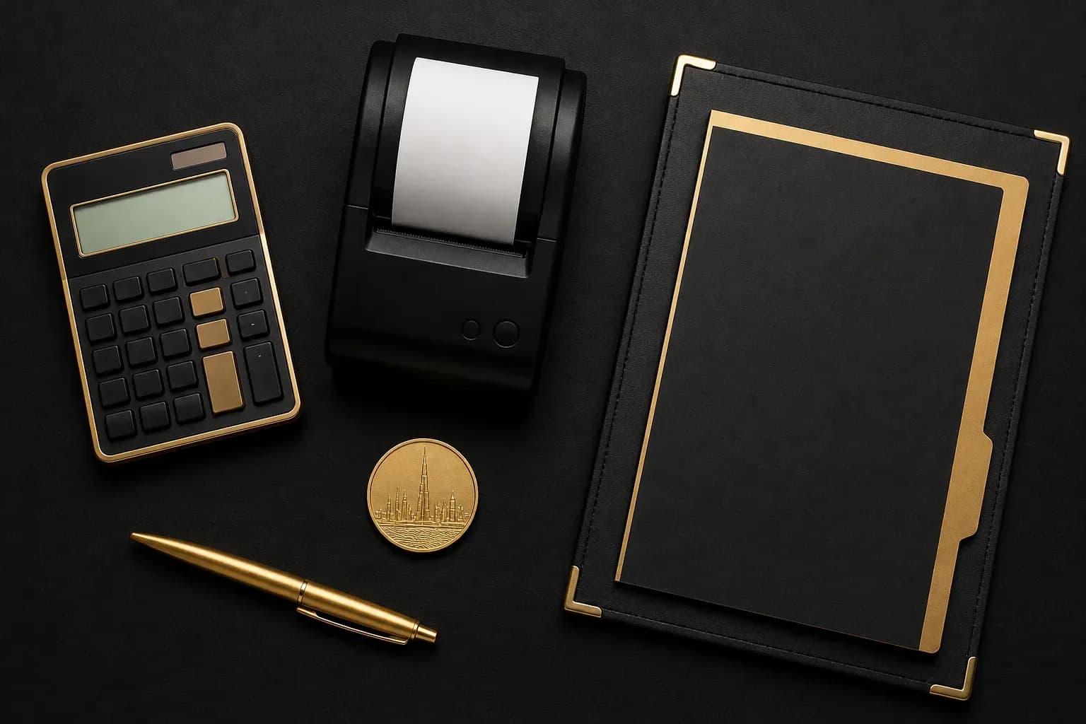 Gold-edged calculator, black receipt printer, UAE coin, gold pen, and black tax folder on matte black surface.