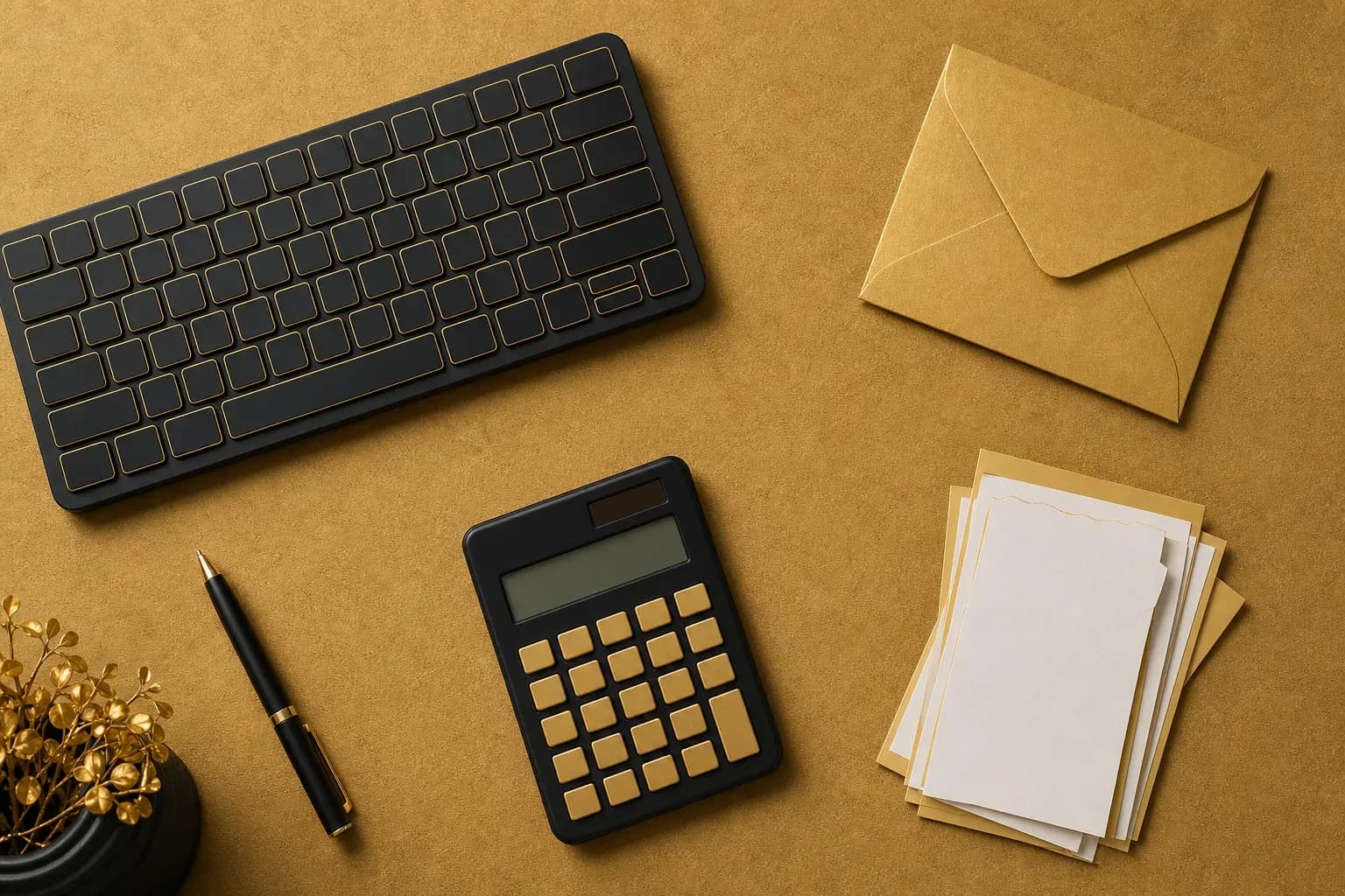 Flat lay of black keyboard, gold envelope, calculator, and gold-edged receipts on warm sand background.