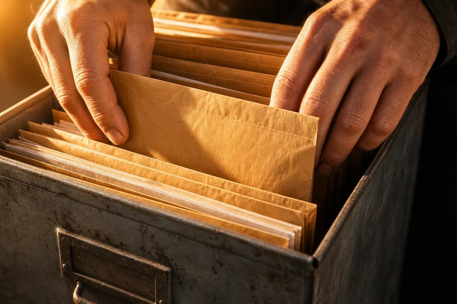 Hands filing unmarked paper envelopes of VAT records into a steel archive box