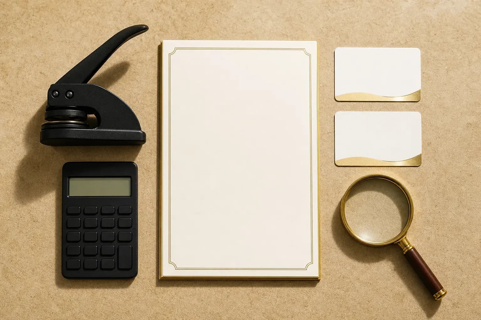 Flat-lay with auditor's embosser, blank business licenses, black calculator, gold magnifying glass on sand surface.