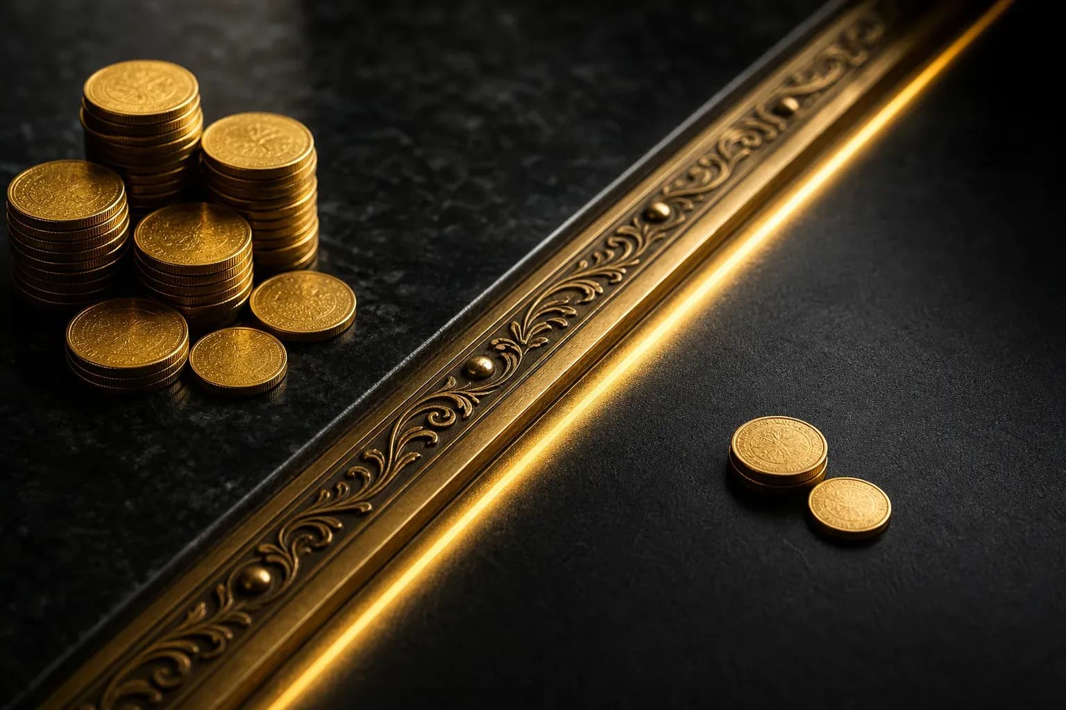 Brass threshold with gold coins stacked on each side, dramatically lit against black background.