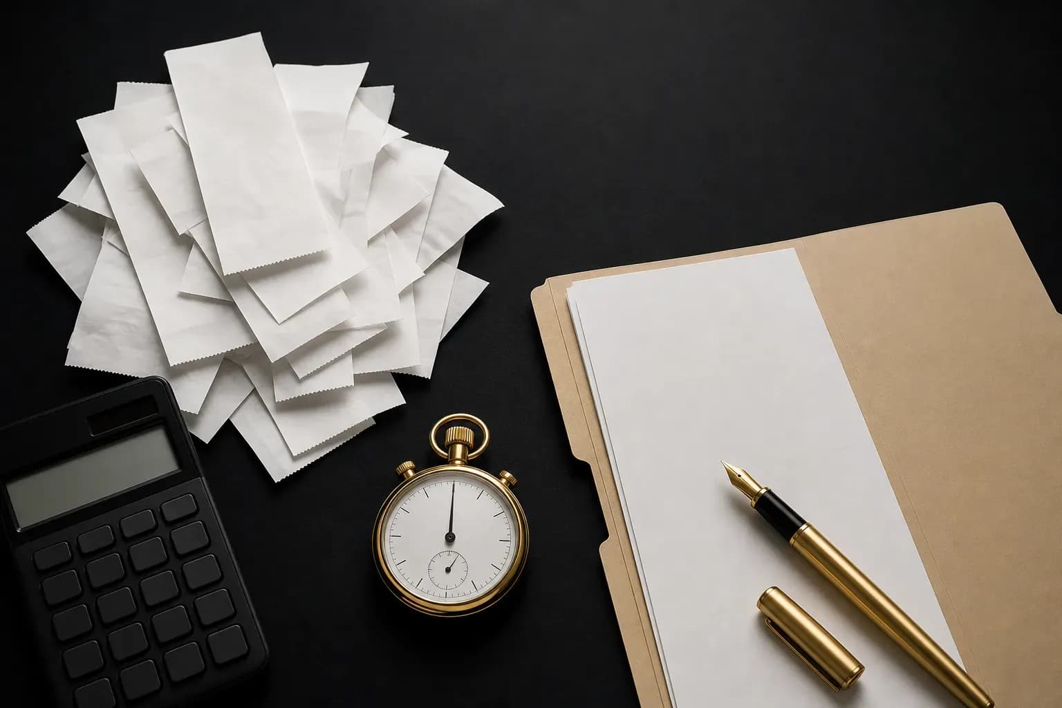 Receipts, calculator, gold stopwatch, and fountain pen arranged on a black background with open folder.
