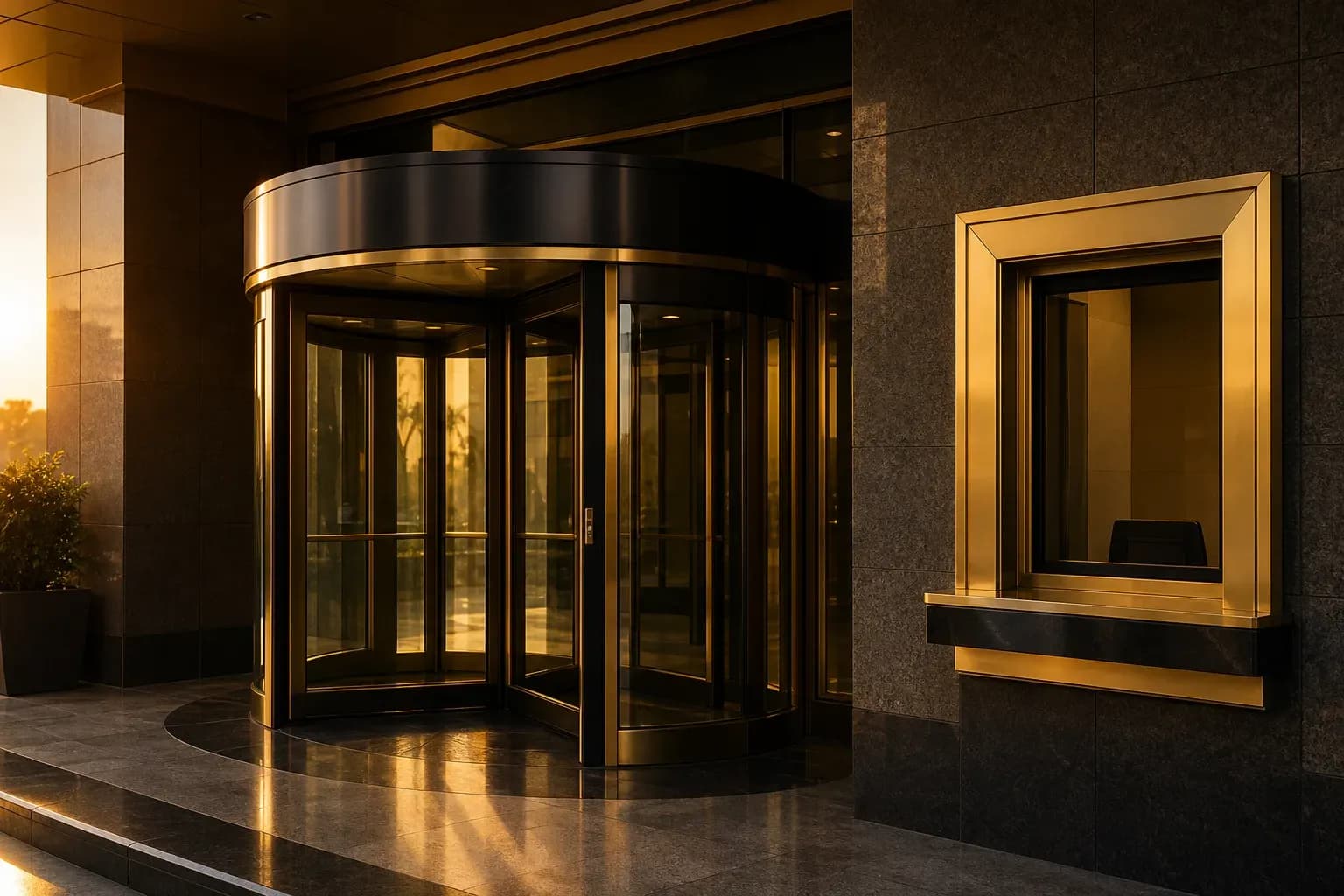 Gold-trimmed revolving door and a teller window at a glass building entrance, in golden-hour light